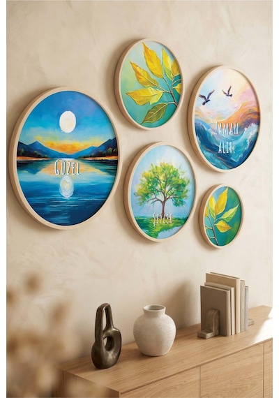 Yuvarlak Ahşap Çerçeveli Renkli Minimalist Sevgi Sözü Tablo Seti