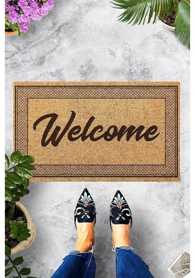 Theclouds Dijital Baskılı Welcome Yazılı Etnik Desen Çerçeveli Dekoratif Kapı Önü Paspası, Kahverengi Diğer