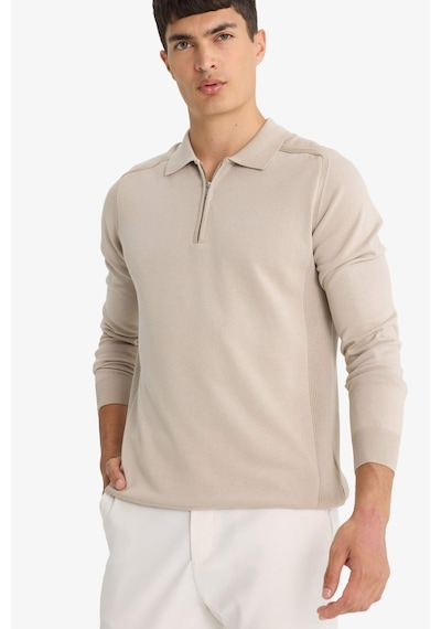 Defacto Standart Fit Normal Kesim Fermuarlı Polo Yaka Triko Kazak D0621AX24AU Bej