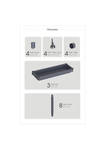 Mithra Life 4 Katlı Tekerlekli Slim İnce Beyaz Banyo Mutfak Rafı Mıt1200