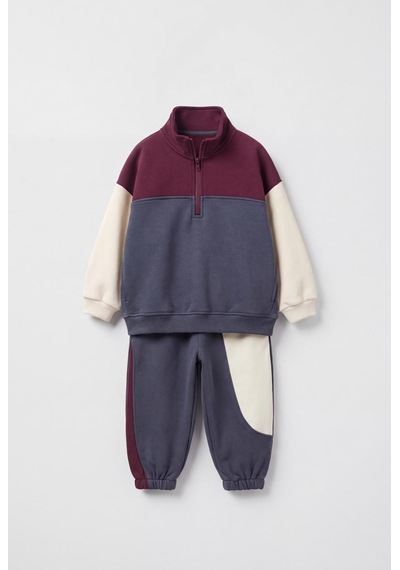 Magu Çocuk Pamuklu Fermuarlı Renk Bloklu Sweatshirt Ve Eşofman Altı Takımı Çok Renkli