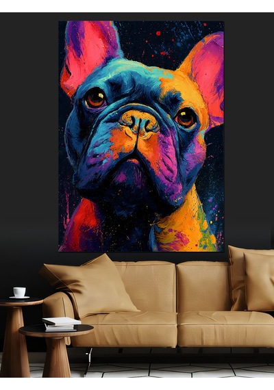 Ahşap Tablo Renkli Fransız Bulldog Köpek