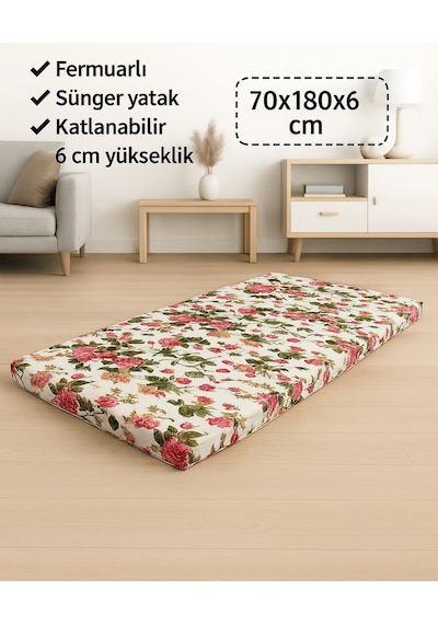 Sünger Yatak 70x180x6 Cm, Yer Yatağı, Balkon Yer Minderi,şantiye,karavan,deprem Yatağı-ingiliz Gülü