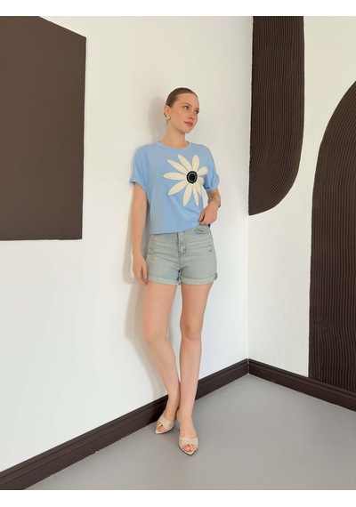 Verymoda Çiçek Detaylı Tişört D2910 Mavi
