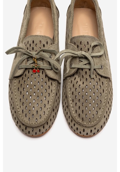 Luvishoes Stevo Yeşil Süet Hakiki Deri Delikli Bağcıklı Kadın Loafer Ayakkabı