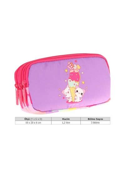 Kaukko Kids Kırmızı Mor, Dondurma Temalı, Kız Çocuk Üç Gözlü Okul Kalem Çantası - L8247 Kırmızı - Mor