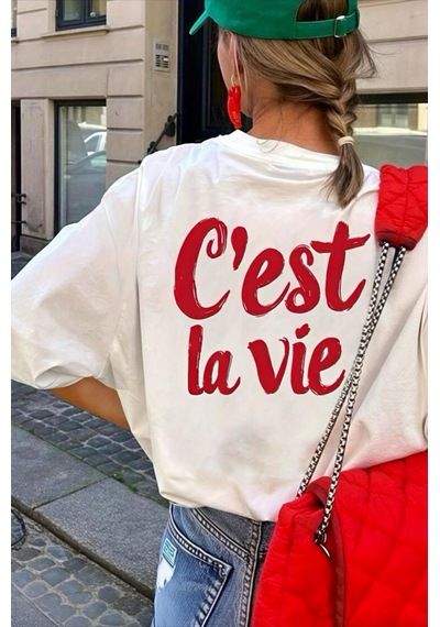 C'est La Vie Yazılı Oversize Kadın T-shirt Beyaz