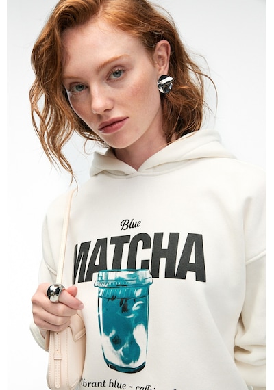 Grimelange YANMESA Kadın Oversize Baskı Ve Nakış Detaylı Uzun Kollu Kapüşonlu Beyaz Sweatshirt