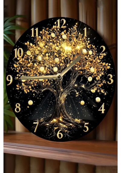 Gold Aura Altın Detaylı Feng Shui Saati" Ahşap Duvar Saati, Kuvars Sdw2020 Renkli