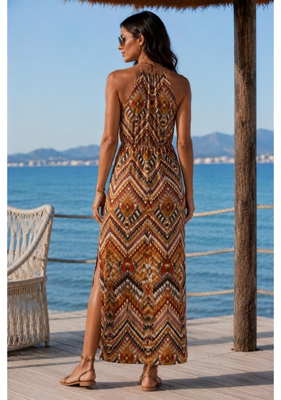 Mixxtrend Etnik Desen Yırtmaçlı Maxi Boy Viskon Elbise Kahverengi