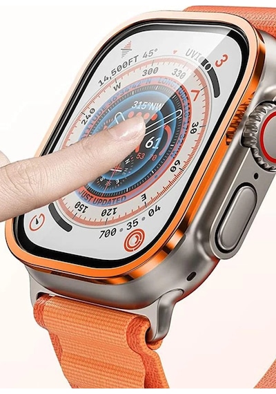 Apple Watch Ultra 49mm Uyumlu Alüminyum Kasa Cam Ekran Koruyucu - Turuncu