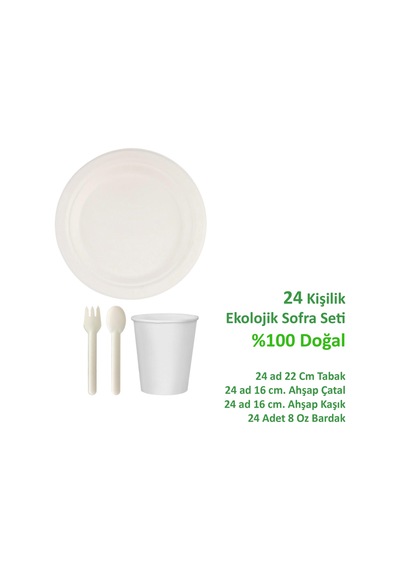 Ekolojik 22 Cm. 24 Kişilik Parti Piknik Sofra Sunum Seti - Doğal Tabak Bardak Çatal Kaşık Takımı