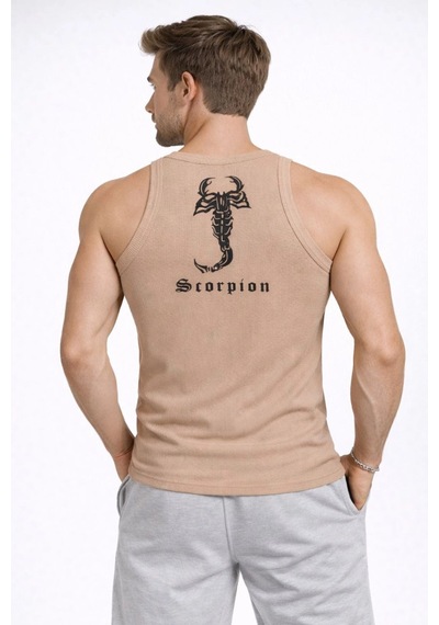 Barlashive Erkek Fitilli Atlet Sıfır Yaka Slim Fit Arka Baskılı Spor Atlet - Bej Çok Renkli