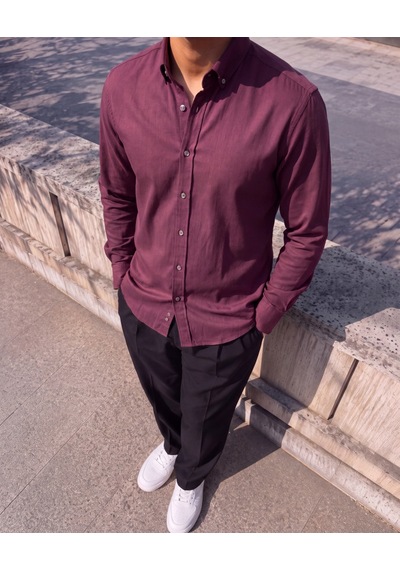 Butik İstanbul Erkek Standart Kesim Gabardin Kumaş Uzun Kollu Gömlek Bordo