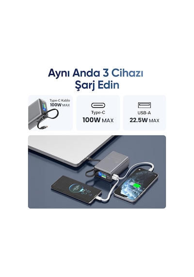 Juo 25000mah 100w Led Ekranlı Type-c Kablolu Powerbank Usb-a + Usb-c Apple Uyumlu Macbook Notebook Telefon Taşınabilir Pd Hızlı Şarj Cihazı Gri