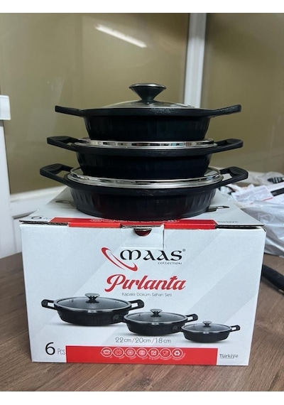 Maas Pırlanta 6 Parça Döküm Granit Sahan Seti 18-20-22 Cm Siyah