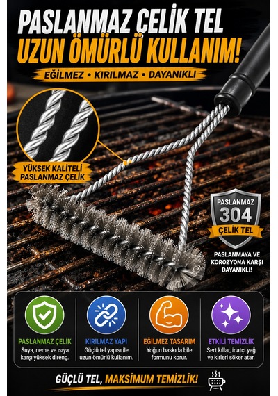 2 Adet Barbekü Mangal Izgara Temizlik Fırçası Paslanmaz Çelik Tel Ergonomik Saplı Izgara Fırçası