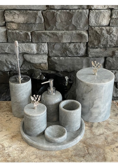 Gri Polen Stone Mermer Japon Gülü Gümüş Aksesuarlı 7'li Banyo Seti Beyaz
