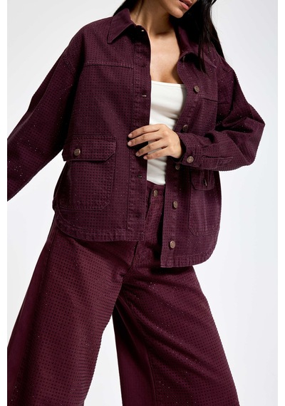 Kadın Bordo Renk T-6w5-122 Oversize Parlak Taşlı Özel Tasarım Denim Ceket