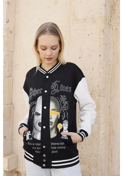 Kadın Oversize Kolej Ceket - Siyah 001