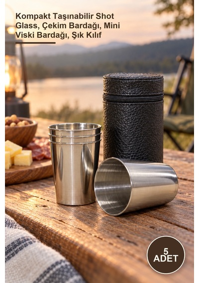5 Adet Deri Kılıflı Shot Bardak Kompakt Taşınabilir Shot Glass, Çekim Bardağı, Mini Viski Bardağı, Şık Kılıf