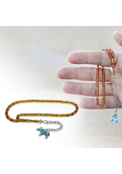 Tesbihane Ateş Kehribar Tesbih - Zirkon Taş Metal Püsküllü - Sarı Renk - Mini Boy - Kesme Kesim
