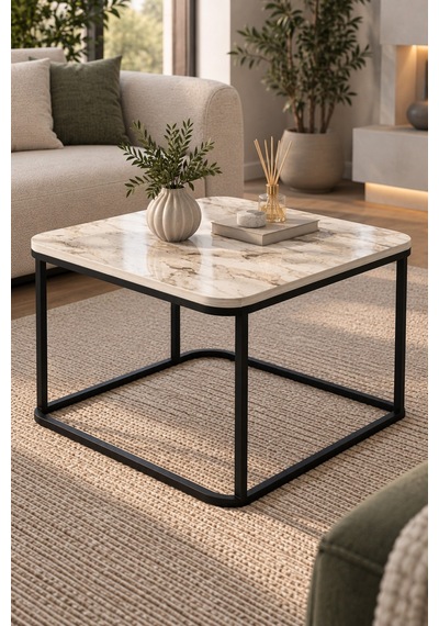 Sulorahome Damla Kare Orta Sehpa Ekru Desenli Metal Ayaklı