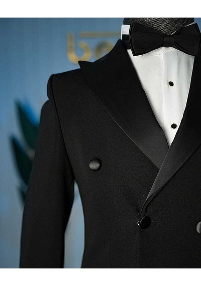 Bys Beystil Erkek Siyah Saten Yakalı Kruvaze Damatlık Ve Smokin Takım - Slim Fit