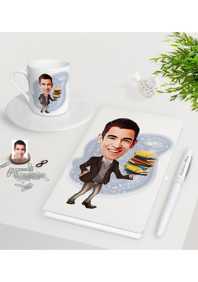 Kişiye Özel Erkek Öğretmen Karikatürlü Beyaz Defter Kalem Türk Ka N11.1412