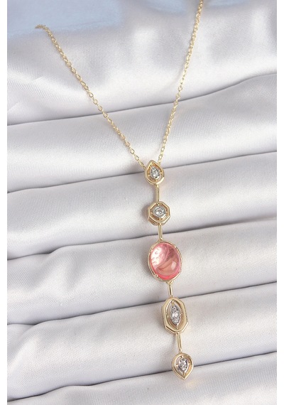 Pirinç Zincir Pembe Gold Renk Zirkon Taşlı Y Kolye 001 - Beyaz