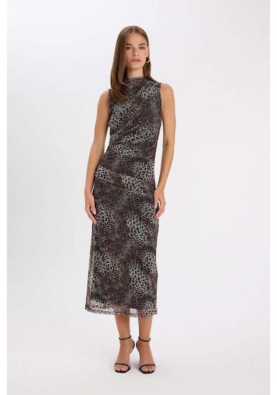 DeFacto Bodycon Vücuda Oturan Bisiklet Yaka Leopar Desenli Tül Kolsuz Maxi Elbise D5061AX24AUBN192