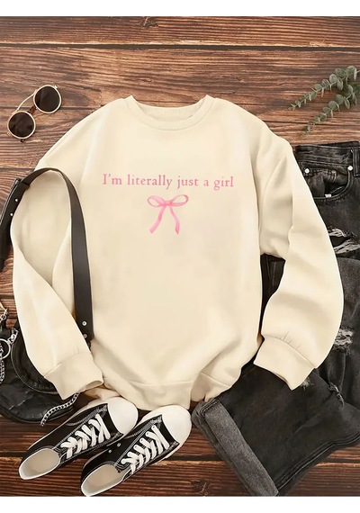 Uyguntarz Unisex I'm Literally Just A Girl Baskılı Oversize Sweatshirt Bej
