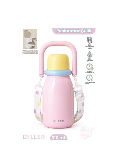 Dıller 610 Ml Premium Bardak Kapak Çift Kullanım Pipetli Rahat İçim Kulplu Askılı Paslanmaz Çelik Termos Ff9512 Pembe