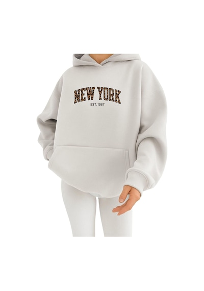Benroma 3 İplik Penye New York Baskılı Ünisex Kapüşonlu Sweat Gri