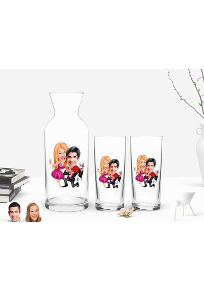 Kişiye Özel Renkli Baskılı Sevgililer Karikatürlü İkili Rakı Bardağı Ve Karaf Hediye Seti-9