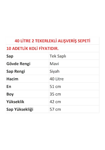 40 Litre 2 Tekerlekli Plastik Alışveriş El Sepeti Mavi 10 Adet / En:51 Boy:35 Yükseklik:42 Cm