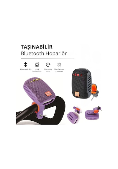 Etashop Bisiklet Bluetooth Hoparlör Taşınabilir Su Geçirmez Çift Bağlantı Fm Radyo Mor