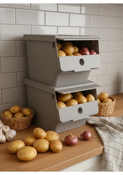 Vizon 2'li 13,5 Lt Modubox Kayar Kapaklı Saklama Kabı & Patates Soğan Kovası & Erzak Kutusu Çr
