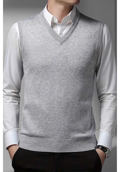 Tezzgelsin Erkek V Yaka Triko Tüylenmez Süveter Erkek Slim Fit Süveter Gri