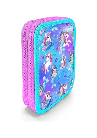 Kids Mor Pembe Unicorn Deniz Kızı Desenli Çift Katlı Kalem Çanta 11138 Mavi Lila Çok Renkli