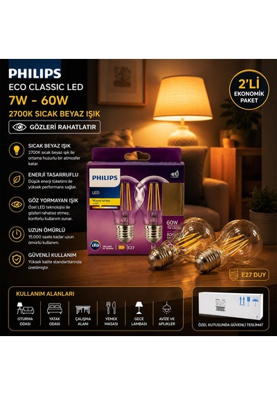 Philips Led Filament Rustik Ampul 7w E27 Gold - 2'li, 806 Lümen, Cam Gövde, Kod 777739 00- 6'li Paket Diğer
