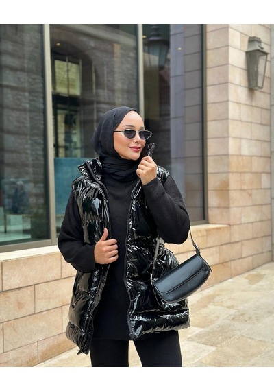 Hb Harma Time Butik Kadın Siyah Parlak Fermuarlı Çıt Çıtlı Cepli Şişme Yelek