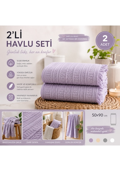 2'li Yüz Havlusu Seti 50x90 Cm Pamuklu El Havlusu Püsküllü Yumuşak Dokulu Yüksek Emici Günlük Kullanım Lila