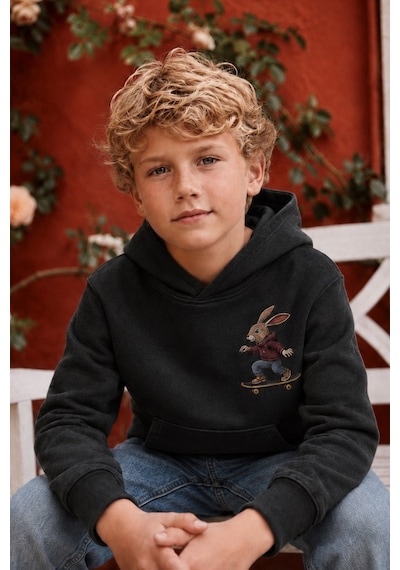 Esila Kids Erkek Çocuk Kapüşonlu Baskılı Sweatshirt Kanguru Cepli Günlük Hoodie Antrasit