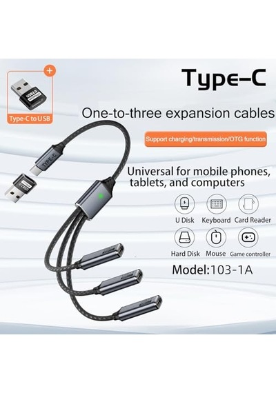 Ayrex ' Lü Type-c Çoklayıcı 25 Cm Hızlı Şarj Ve 480 Mbps Veri Aktarımı 3cc