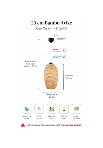 Bohem Bambu Boja Pendant Sarkıt Avize Lamba 23 Cm - Iskandinav, Modern, Bohem, Rattan Aydınlatma Bej