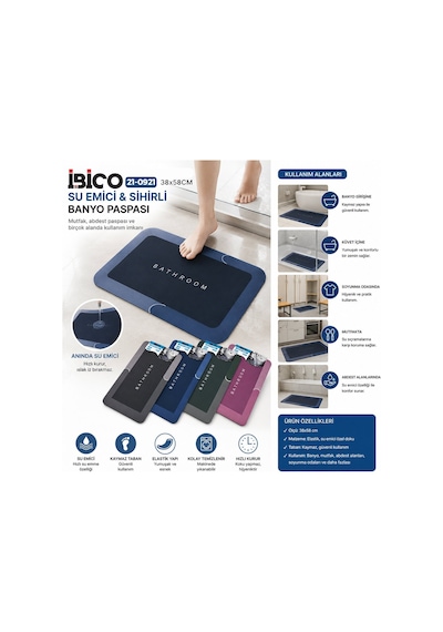 İbico İ21-006 Banyo Paspası 38x58cm Sihirli Elastik Su Emici Dikdörtgen