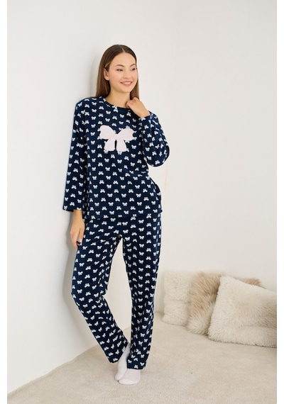 Siyah İnci Nakışlı Büyük Beden Polar Kışlık Örme Pijama Takım 25222571 Lacivert