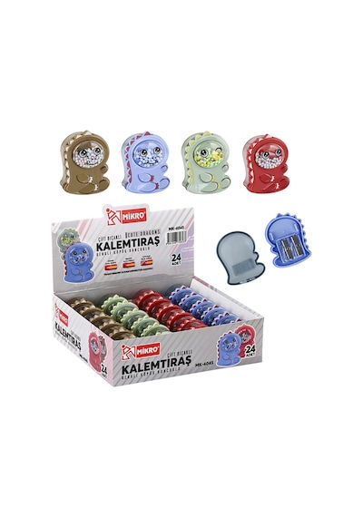 Sevimli Dinozor Tasarımlı Mikro Kalemtıraş Çift Bıçaklı, Hazneli, Renkli Köpük Boncuklu, Kırtasiye