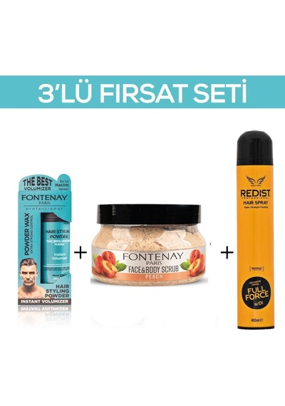 Fontenay Pudra Toz Wax Mavi 20gr + Face And Body Scrub Şeftali 350ml +saç Spreyi 400ml 2 3'lü Set